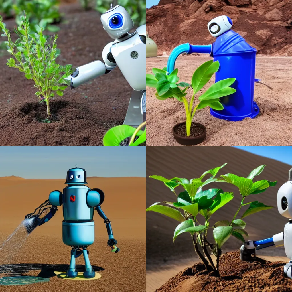 Prompt: A robot with a watering can waters a small plant in a desert