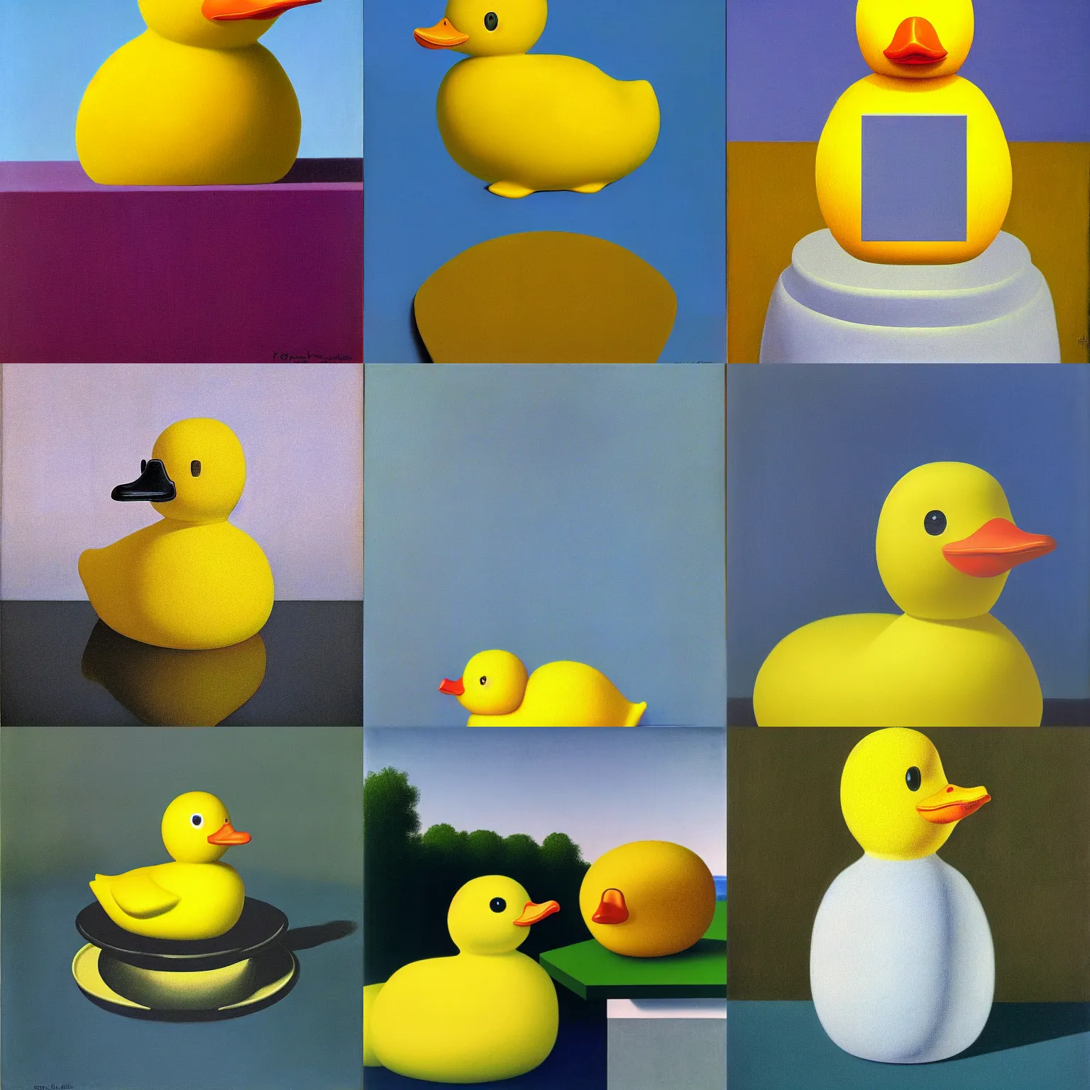 Image similar to portrait of a yellow rubber duck by rene magritte, oil on canvas.