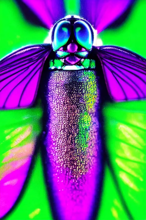 Prompt: high quality macro photo iridescent art nouveau fly! jeweled gorgeous! highly detailed digital art david ligare elson peter cinematic purple neon lighting high quality low angle hd 8k sharp shallow depth of field