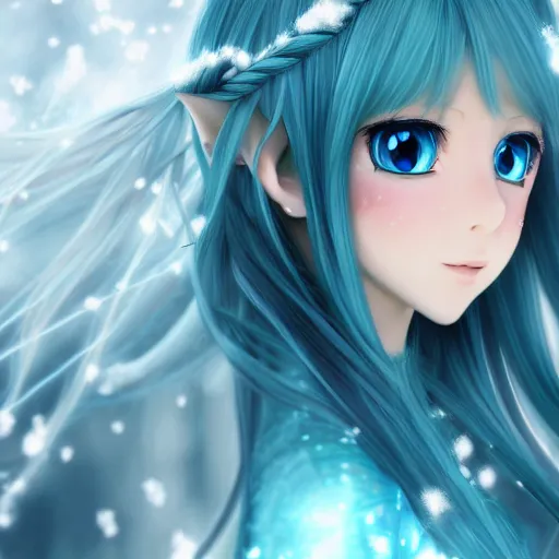 Prompt: elf girl render as a very beautiful 3d anime girl, full body, full body, long braided silver hair, azur blue eyes, full round face, belly free teal dress, short smile, in snow, cinematic lightning, medium shot, mid-shot, highly detailed, trending on Artstation, Unreal Engine 4k, cinematic wallpaper