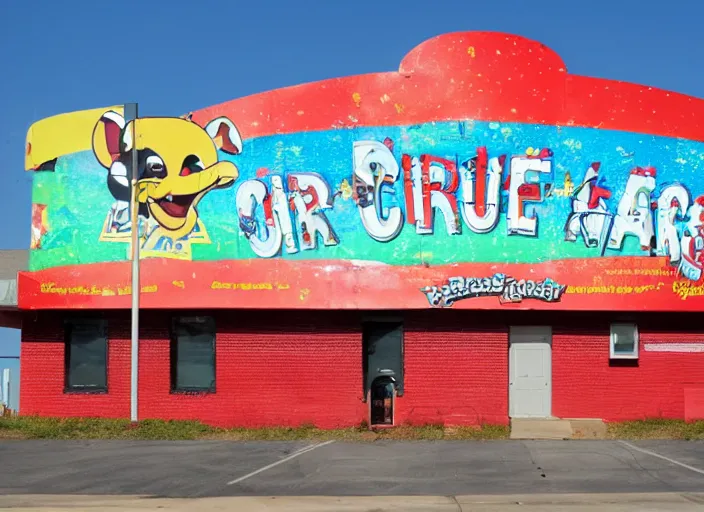 Image similar to the outside of the building for a circus themed Chuck E. Cheese’s play place. It’s permanently shut down, abandoned, Wisconsin, out of business Chuck E. Cheese building, got shut down because the mascot scared kids