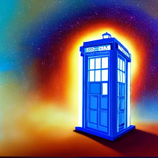 Prompt: view of modern futuristic tardis, time travel, detailed luminescent oil painting 4 k