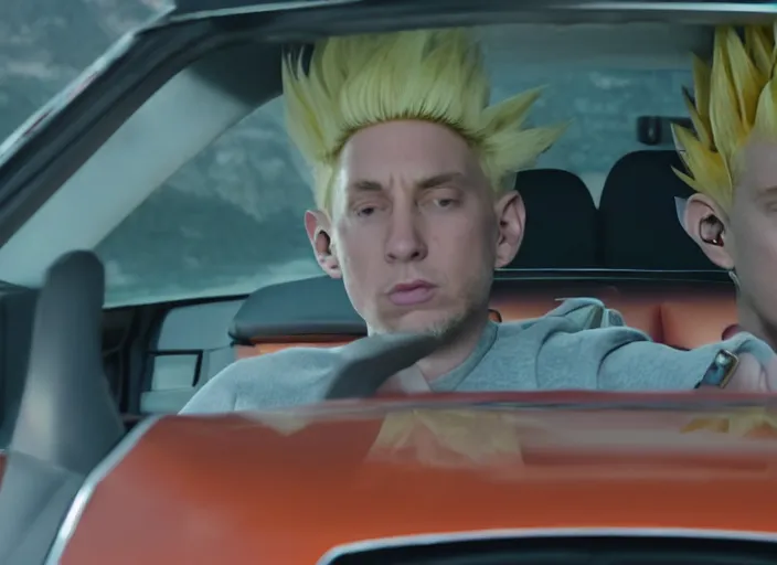 Image similar to a very high resolution image from a new movie, eminem going super saiyan driving a car. inside of a car. alone. mountains, directed by wes anderson