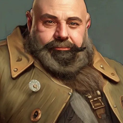 Image similar to Three quarters vintage portrait of a bald male steampunk dwarf with long brown beard, highly detailed, digital painting, art by Stanley Lau and Artgerm and magali villeneuve and Alphonse Mucha, artstation, octane render, cgsociety