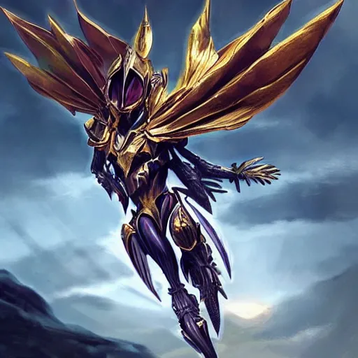 Prompt: cinematic, hyperdetailed league of legends azir armor metroid ravenbeak fanart gold armored bird wings regal gold sunray shaped crown, warframe, destiny, octane