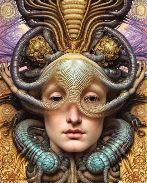 Image similar to hyperrealistic detailed face portrait of the beautiful goddess of the giant isopods with an intricate golden ornamental geometrical fractal giant isopod headdress, art by ernst haeckel, john william godward, android jones, alphonso mucha, h. r. giger, gothic - cyberpunk, ornamental, dimmed pastel colours,