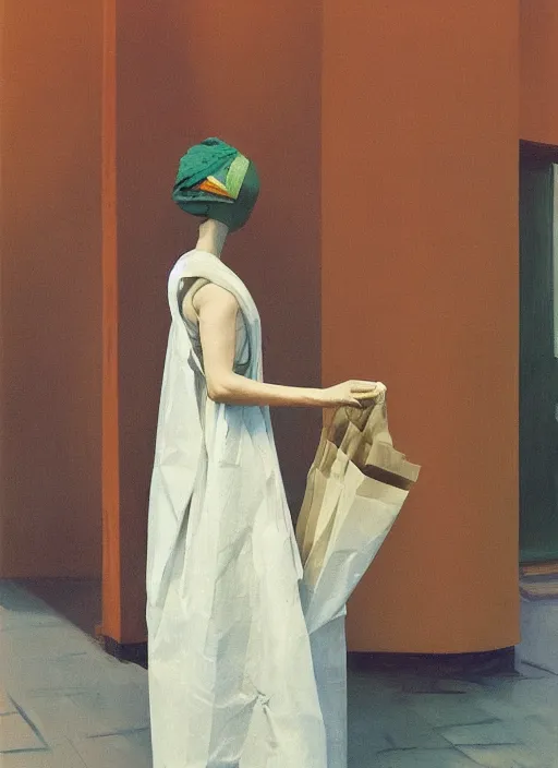 Image similar to woman in dress made from plastic bag with paper bags for clothes standing inside paper bags with paper bag over the head at store display Edward Hopper and James Gilleard, Zdzislaw Beksinski, highly detailed