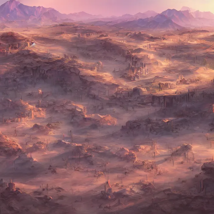 Image similar to large densely packed western town in the middle of a sandy flat desert with a single mountain on the very distant horizon. magic the gathering art, digital media