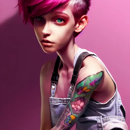 Image similar to full body pose, pixar, beautiful androgynous girl, pink pixie cut hair, torn overalls, short shorts, combat boots, fishnets, beautiful, highly detailed face, true anatomy!, extremely detailed!, digital painting, unreal engine 5, art by tom bagshaw