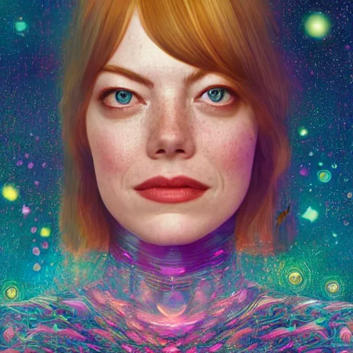 Image similar to emma stone as a cosmic fractal, hyper detailed, digital art, trending in artstation, cinematic lighting, studio quality, smooth render, unreal engine 5 rendered, octane rendered, art style by klimt and nixeu and ian sprigger and wlop and krenz cushart.