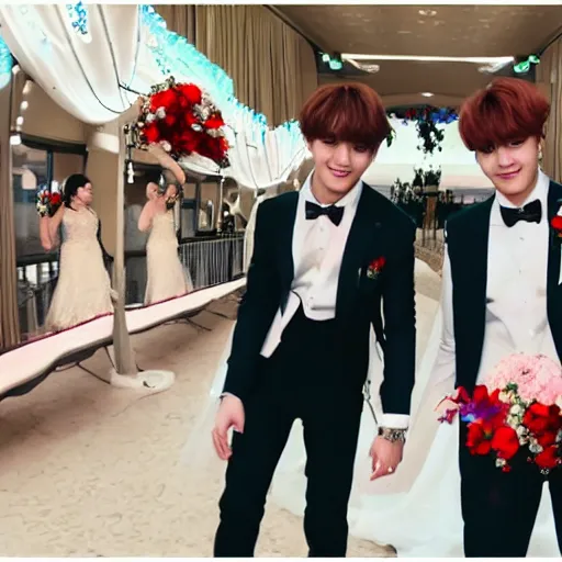 Image similar to jungkook and taehyung of bts getting married in las vegas, 8 k, ultra realistic, closeup
