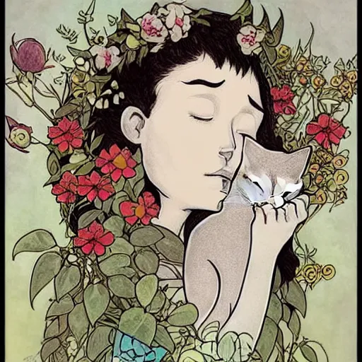 Prompt: cat smelling flowers, in the style of chiara bautista, mucha