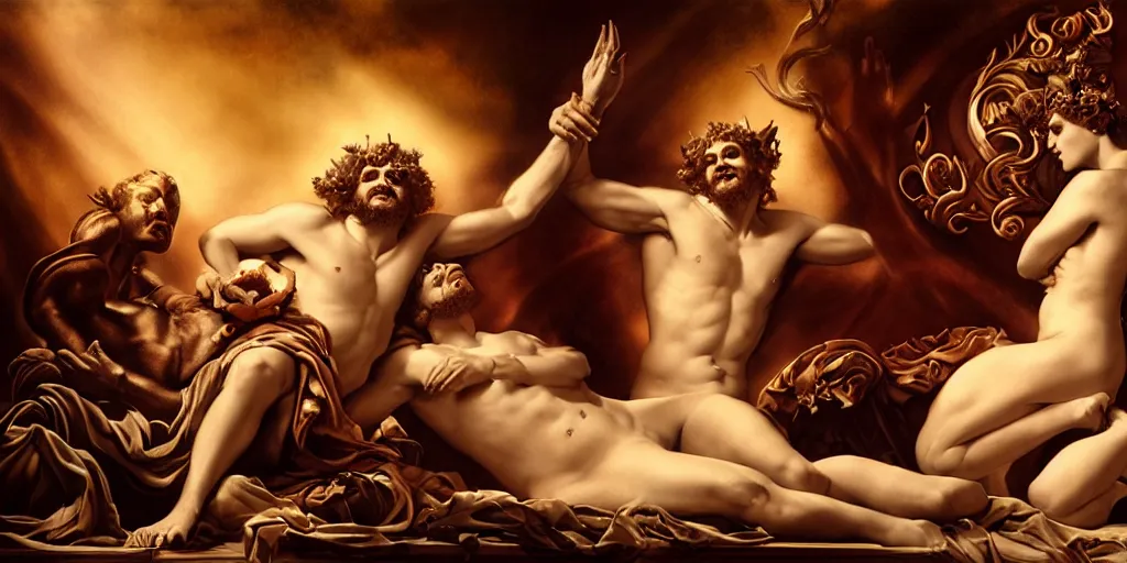 Prompt: a revel with Dionysus and Silenus, by Rolf Armstrong and Evelyn De Morgan and Bastien Lecouffe-Deharme, dramatic lighting, high contrast colors, baroque, empyrean, panoramic view, as trending on Artstation, highly detailed, doom engine,