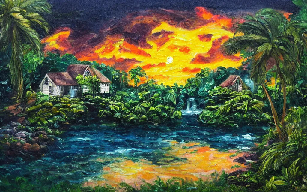 Image similar to a small island surrounded by water with a cozy cottage, with a garden courtyard, tropical forest, river, waterfall, sunset, puffy clouds, dramatic and dynamic lighting, thick brush strokes oil impasto painting