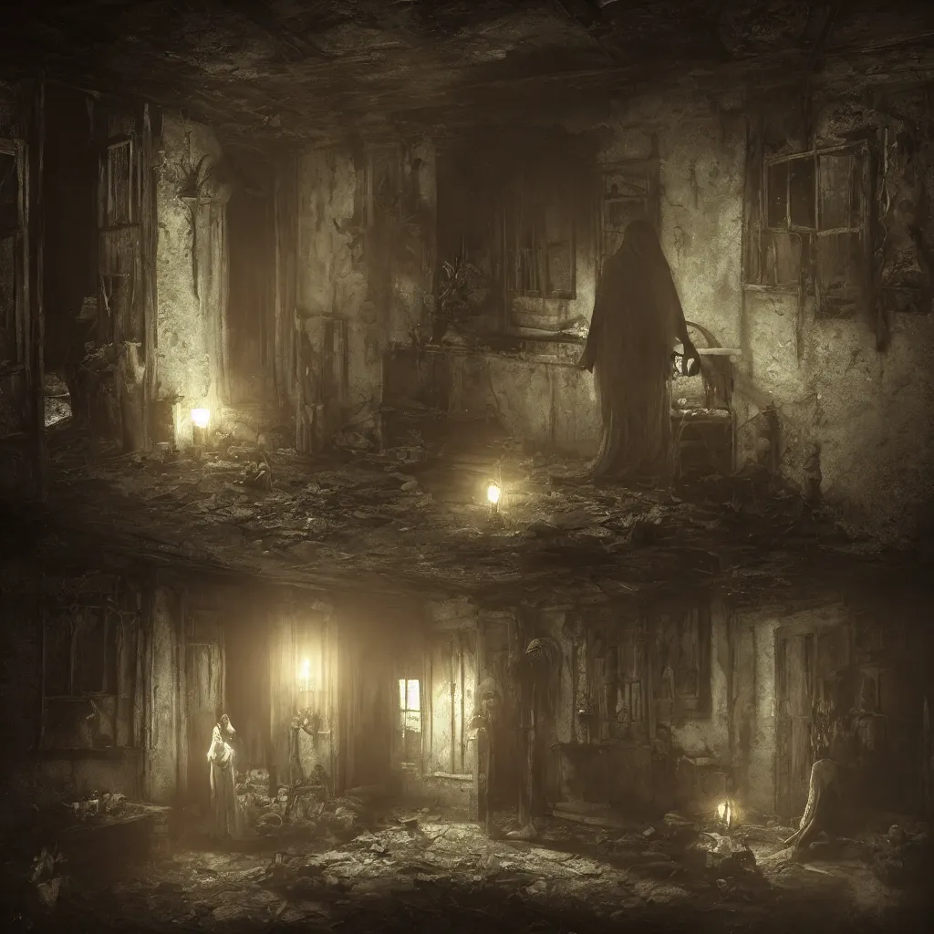 Prompt: a witch standing in the shadows on the inside of a decrepit cottage at night, highly detailed interior, by Bastien LeCouffe-Deharme, hyperrealistic, Cryengine 8k UHD