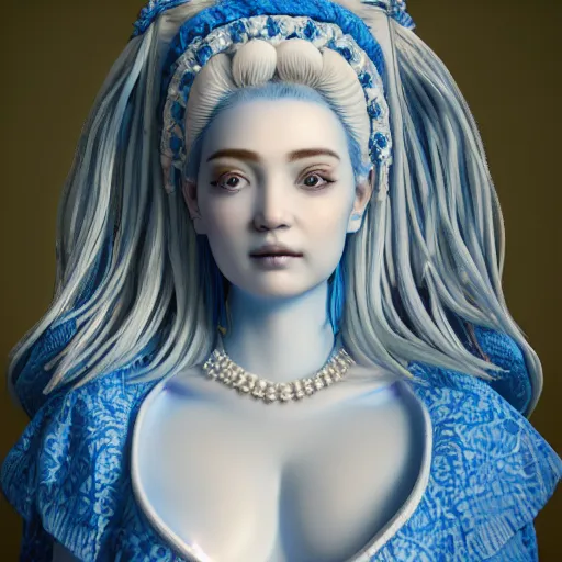 Image similar to 3 d render, hyper detailed, realistic female face and shoulders as a painted porcelain statue, with ornate blue willow pattern, white hair, fine facial features, white eyes and eyelashes, 8 k, 1 5 0 ml lens, elegant, white background, octane render, volumetric lighting, by carlos ortega elizalde and yomagick