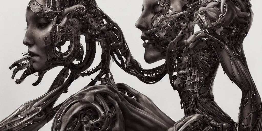 Prompt: hyperrealistic photography of a stunningly beautiful cyborg female, mechanical elbow, plated arm, intimate, holding hands, in the style of beth cavener, jin kagetsu,, and wlop, highly detailed, intricate, face symmetry, masterpiece, award - winning, sharp focus, concept art, high key, ambient lighting, 8 k, artstation