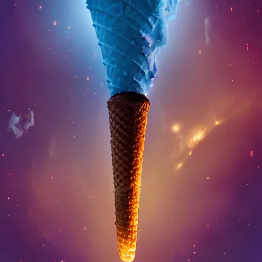 Image similar to dramatic render of a rocket powered ice cream cone flying through a space nebula of flavors, cgsociety, artstation, 4k