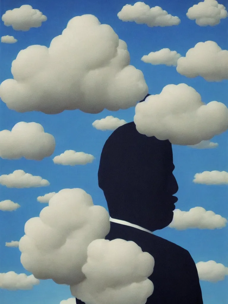 Image similar to portrait of cloud man by rene magritte, detailed painting, hd, hq, high resolution, high detail, 4 k, 8 k