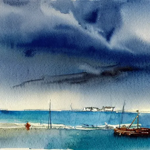 Prompt: a watercolor landscape panorama of a cozy seaside village with a menacing storm cloud on the ocean horizon, highly detailed, masterpiece, very very aesthetic, by anthony micallef