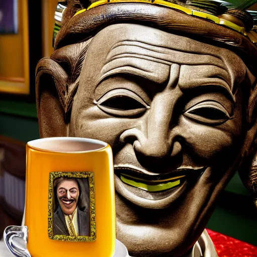 Image similar to a closeup photorealistic photograph of smiling salvador dali at trader vic's bar sitting next to a trader vic's style tiki mug featuring the face of salvador dali. tiki culture. bright scene. 4 k hd image that's trending on artstation, featured on behance, well rendered, extra crisp, features epic composition and the style of unreal engine.