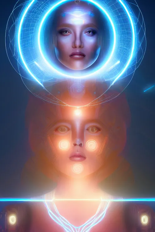 Prompt: portrait of the goddess of artificial intelligence as a holohram of a beautiful girl, in front of a shining orb of data, threads of light in the background, detailed eyes, extremely high quality artwork, very detailed, trending on artstation