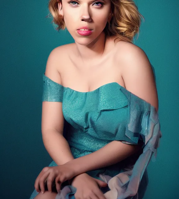 Prompt: beautiful portrait photo of Scarlett Johansson, slight smile, 85mm, teal studio backdrop