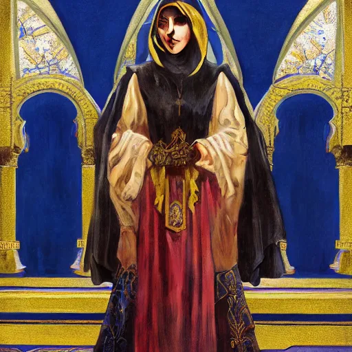Prompt: portrait of a middle - eastern female cleric with straight black hair wearing blue and yellow vestments inside a temple, fantasy, highly detailed, digital painting, artstation, concept art, character art, art by greg rutkowski and tyler jacobson and alphonse mucha