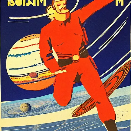 Image similar to soviet propaganda poster of colonization of the solar system