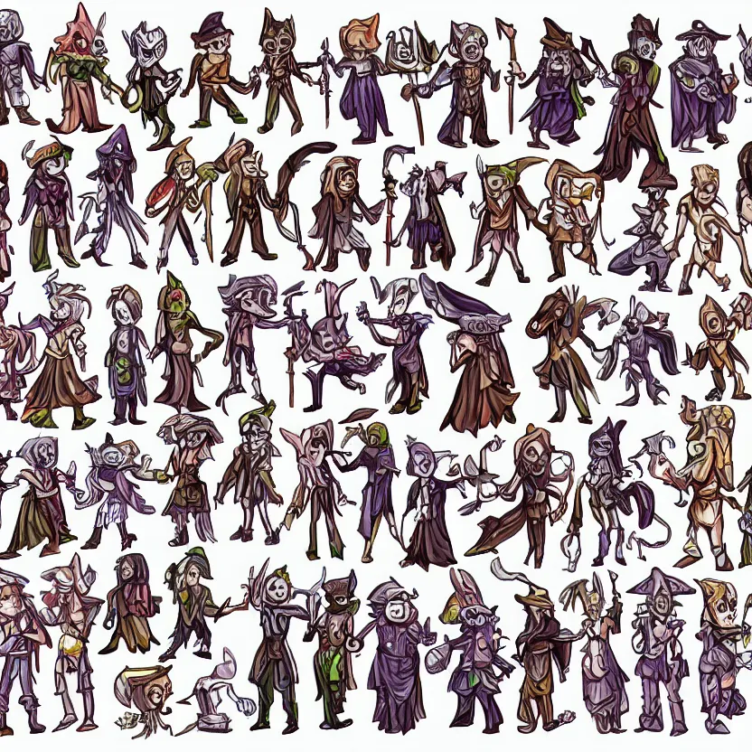 Image similar to set of characters'sprites, containing a cute wizard and skeleton enemies of different magic types, colored lineart from