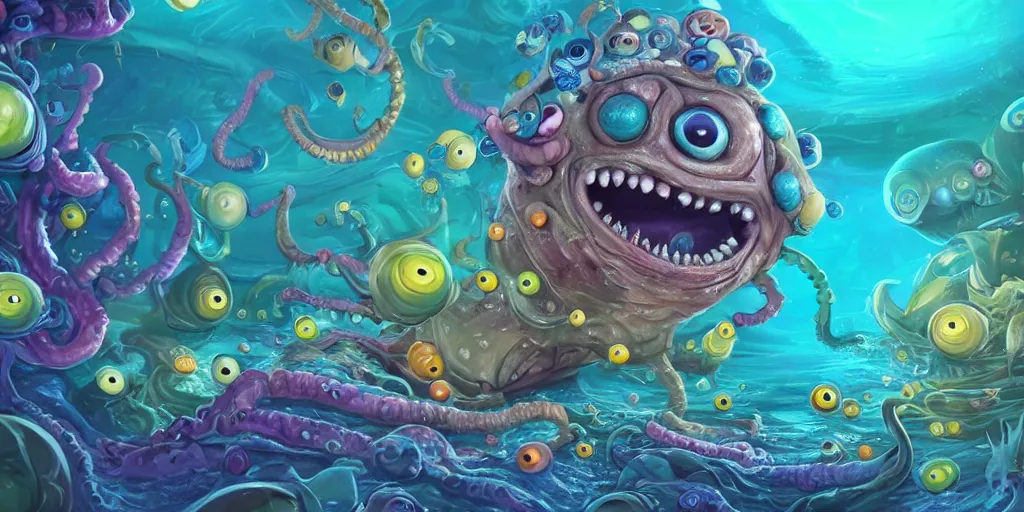 Prompt: of an intricate sea cavern with colorful cute funny marine creatures with huge eyes, long tongue, square teeth and funny face appearing from murky waters, in the style of tim shumate, macro lens, shallow depth of field, highly detailed, digital painting, trending artstation, concept art, illustration, cinematic lighting, vibrant colors, photorealism, epic, octane render