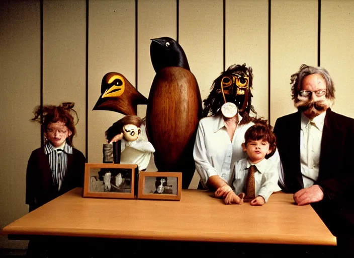 Prompt: realistic photo portrait of the family, brown mustard shirt, black tie, crow mask face, wooden polished and fancy expensive wooden laboratory hall interior with museum artifacts 1 9 9 0, life magazine reportage photo
