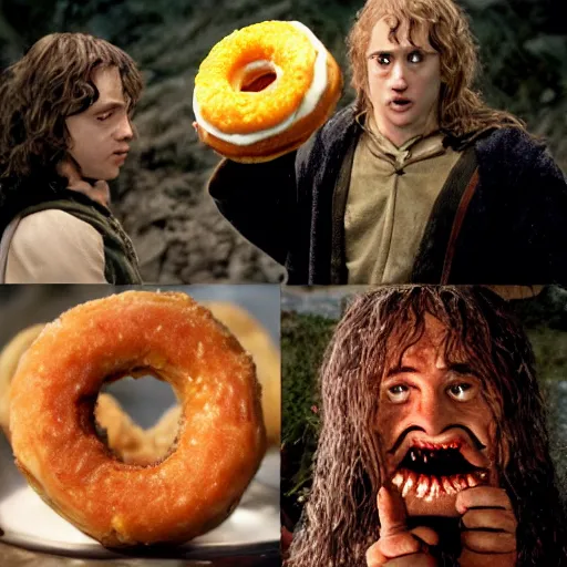 Prompt: lord of the rings scene with the scary cheeseburger and donut monster