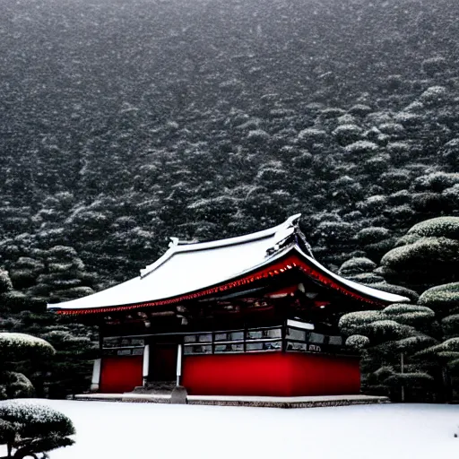 Prompt: a monolithic japanese temple on a snowcapped mountain. snowing, grainy, overcast sky.