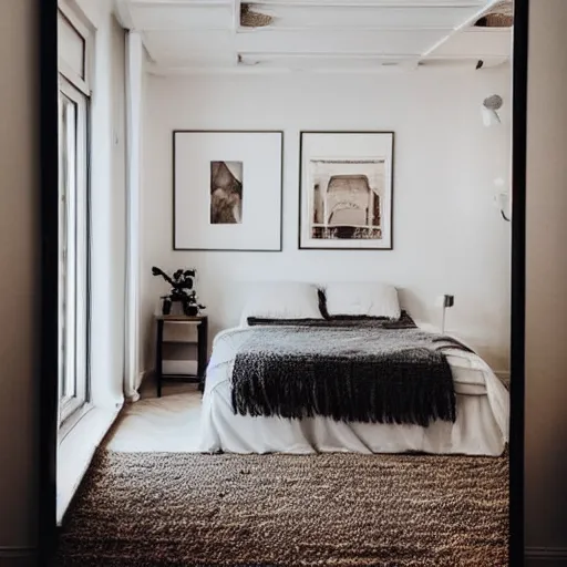 Image similar to centered minimalist clean spacious empty bright mockup photo of a large blank frame on floor with thin light wooden frame moulding, white background wall, light boho carpet, white furniture, white minimalist lamps, white pillows, trending on pinterest