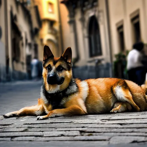 Image similar to a german shepherd shiba inu mix dog lying on the street in ancient florence, high quality digital art, photo realism, cinematic lighting, moody lighting