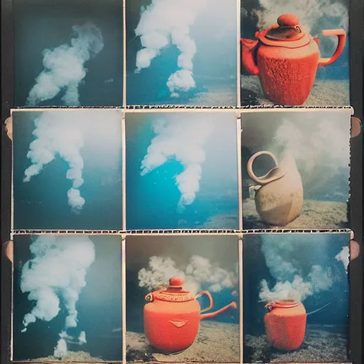 Prompt: huge teapots, cloth and smoke underwater polaroid