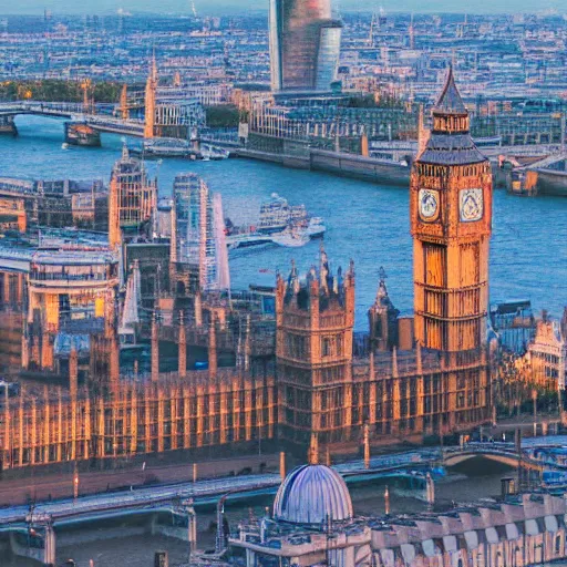 Image similar to london city, landscape, cityscape, high art, detailed, artstation award, intricate detail, panoramic, wide angle, sunset, color palette, big ben clock tower, british parliament building, from above