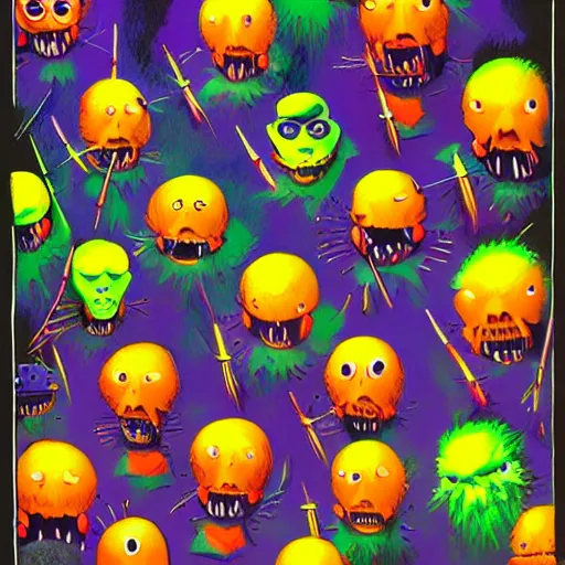 Image similar to an army of tennis ball monsters, colorful, digital art, fantasy, magic, chalk, trending on artstation, ultra detailed, professional illustration by basil gogos