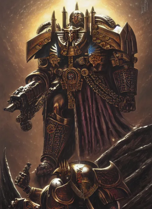 Prompt: wide shot of the emperor of mankind and horus, intricate, warhammer, warhammer 4 0 k, highly detailed, digital painting, concept art, sharp focus, illustration, muted colors, grim dark, moody, gloomy, art by john blanche, by pedro nunez, by jaime martinez, by nacho molina