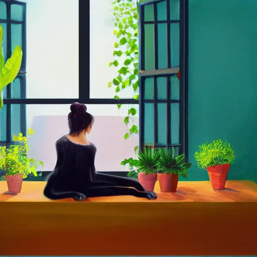 Image similar to peaceful dreamy painting of a young woman sitting at a desk with a black cat, sunshine coming through the window, small plants on the window sill, 4k resolution, highly detailed