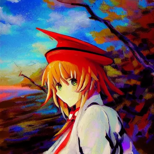 Image similar to Very abstract impressionist painting of Kirisame Marisa from the Touhou project on a cliff looking calmly at the sea, wide strokes, pastel colors, touhou project official artwork, danbooru, oil painting by Antoine Blanchard, wide strokes, pastel colors, soft lighting sold at an auction