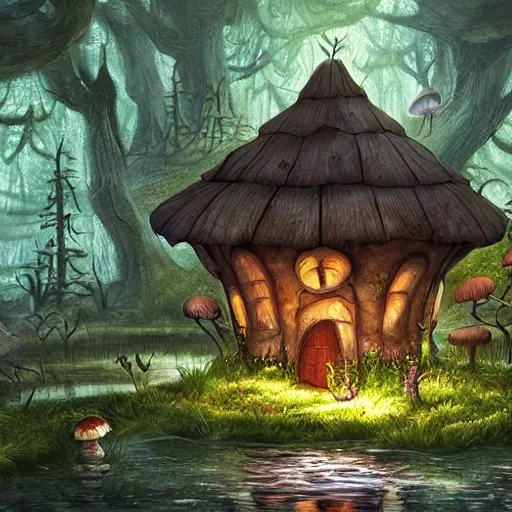 Prompt: mushroom house in a swamp, mystical, digital art, extremely detailed, oil painting, epic atmosphere, sense of scale, disney animation