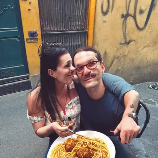 Prompt: kraken and Cthlulu share a romantic plate of spaghetti and meatballs in a Parisian alley, in the style of Disney's Lady and the Tramp,
