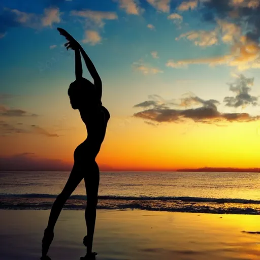 Image similar to silhouette of a dancer on the beach, sunset, photorealistic hd