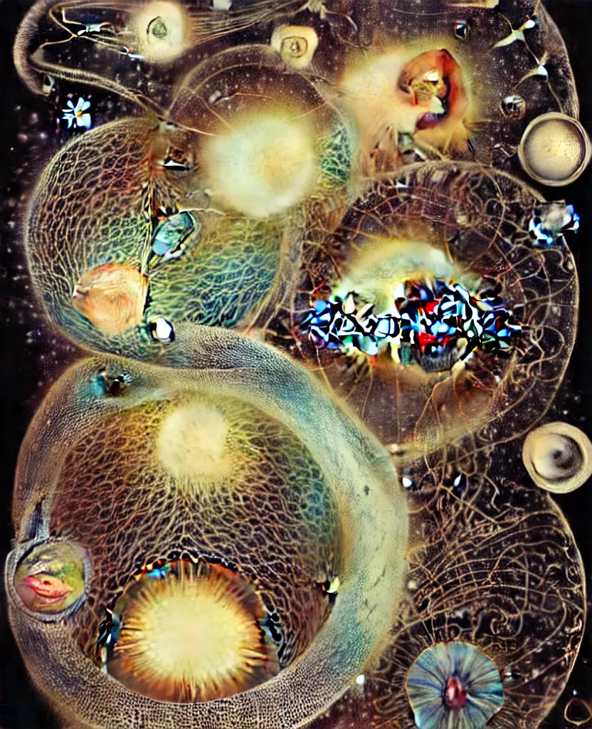 Image similar to inside the universe of a human body soul, whimsical uncanny creature alchemizes unique canto about'as above so below'being ignited by the spirit of haeckel and robert fludd, breakthrough is iminent, glory be to the magic within, to honor jupiter, surreal collage by ronny khalil