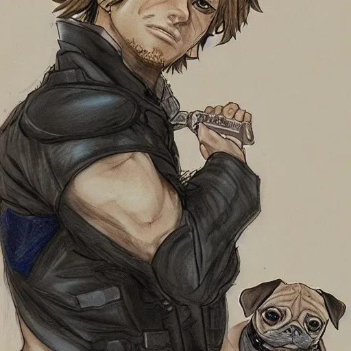 Image similar to self portrait, young white hispanic handsome man with short light brown hair and light skin and a 5 o clock shadow and holding a pug while fighting against 2 swordsmen pencil art, added detail, high definiton, colored, backfacing, illustrated by yoji shinkawa