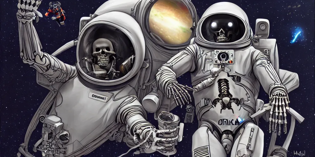 Prompt: a cyborg skeleton astronaut floating in a space shuttle by Mark Brooks, highly detailed, trending on artstation