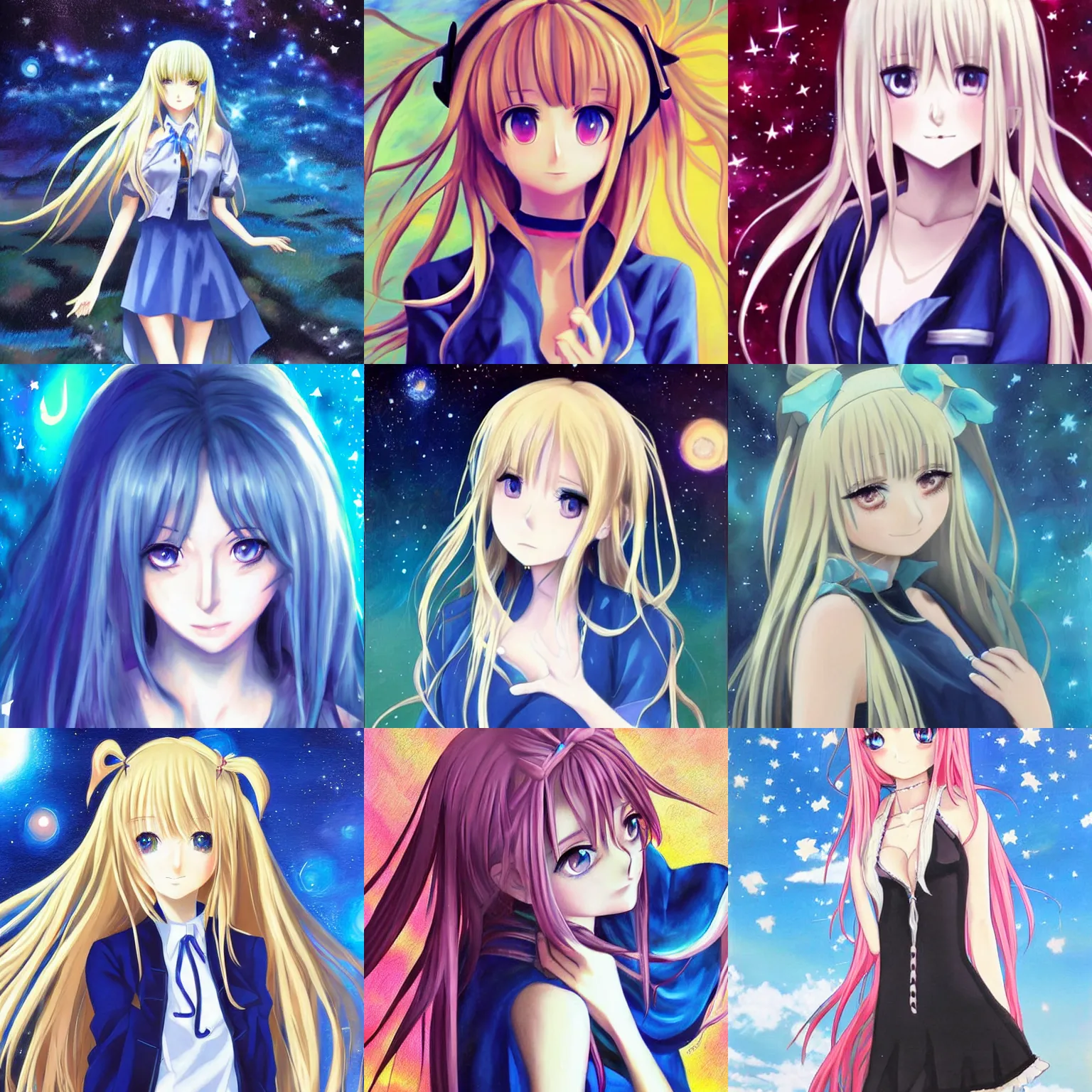 Prompt: kim petras from steins gate, beautiful anime, oil painting, looking to stars, cute anime, in blue dress, super detailed, beautiful anime art
