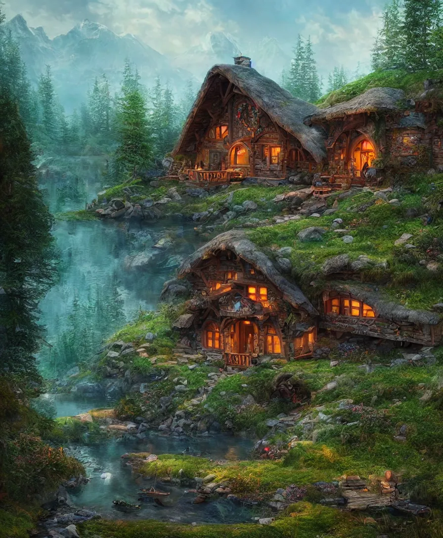 Prompt: beautiful Hyperrealistic hobbit lake house, highly detailed, digital painting, trending artstation, concept art, illustration, cinematic lighting, vibrant colors, photorealism, epic, octane render